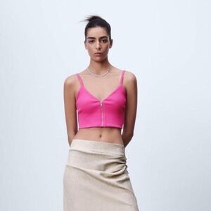 Zara Y2K Hot Pink Ribbed Knit Zip-Front Crop Top 💖